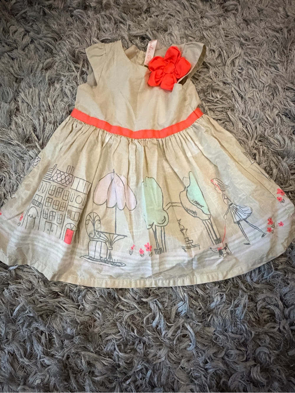 French park dress, Girls Beige Dress with Coral Accents and Print size 2T